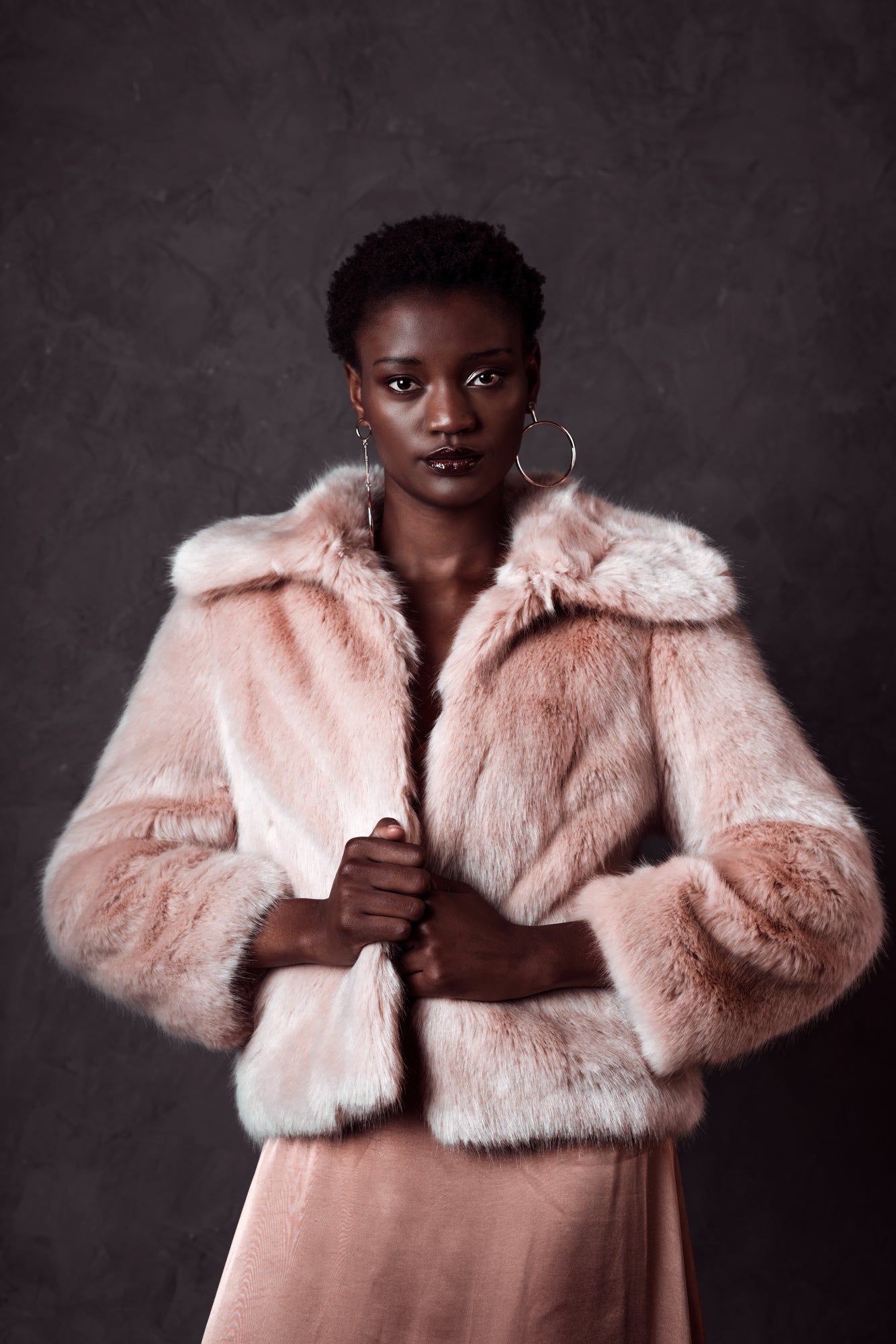 Model Wearing Pink Faux Fur Coat